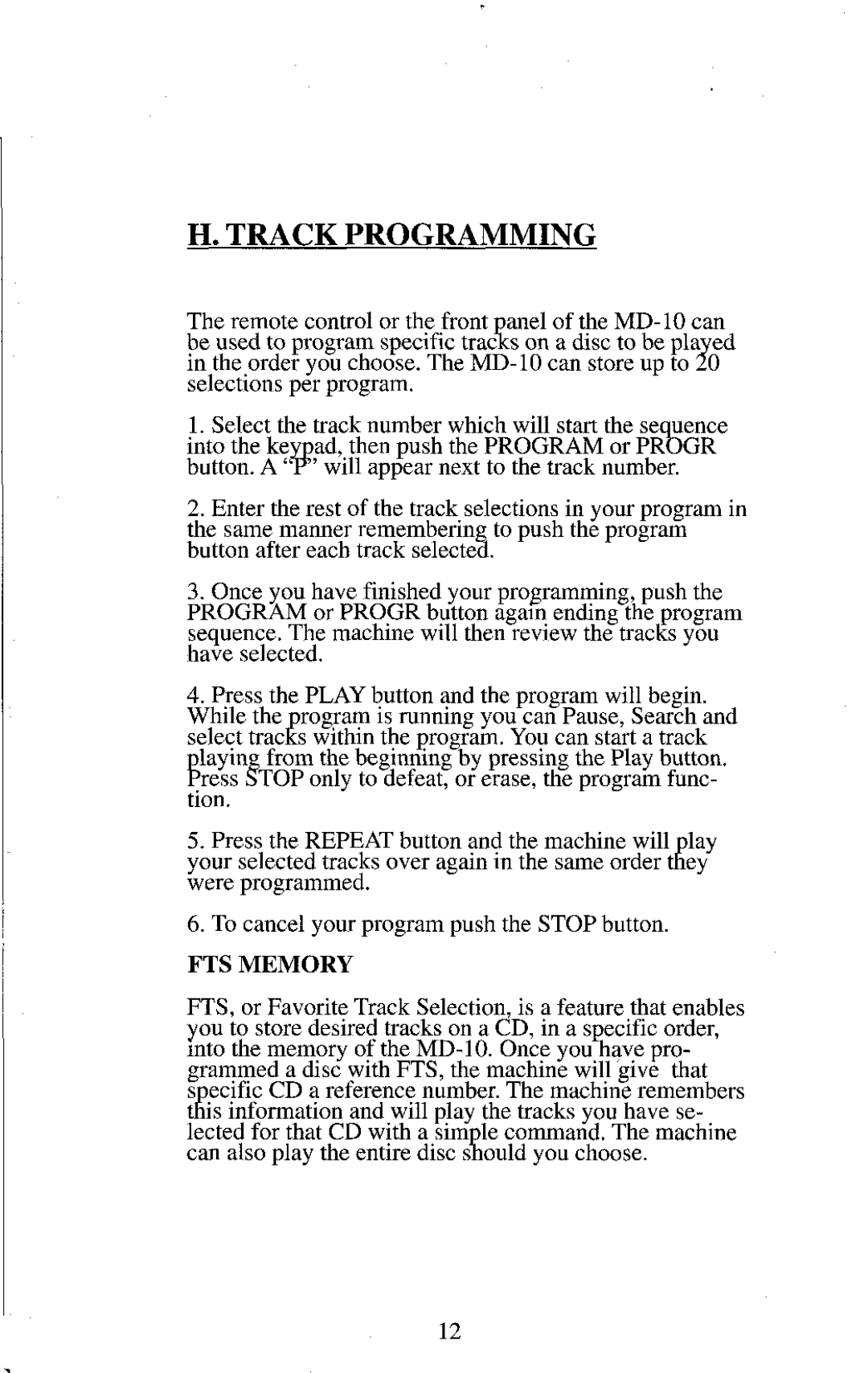 Krell Industries MD10 manual Track Programming, FTS Memory 