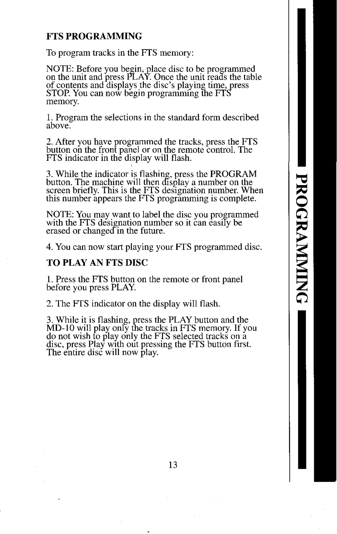 Krell Industries MD10 manual FTS Programming, To Play AN FTS Disc 