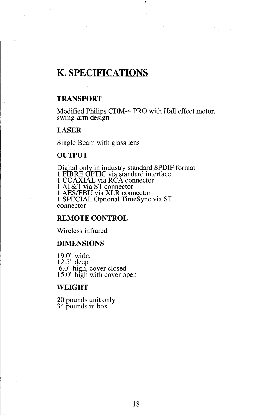 Krell Industries MD10 manual Specifications 