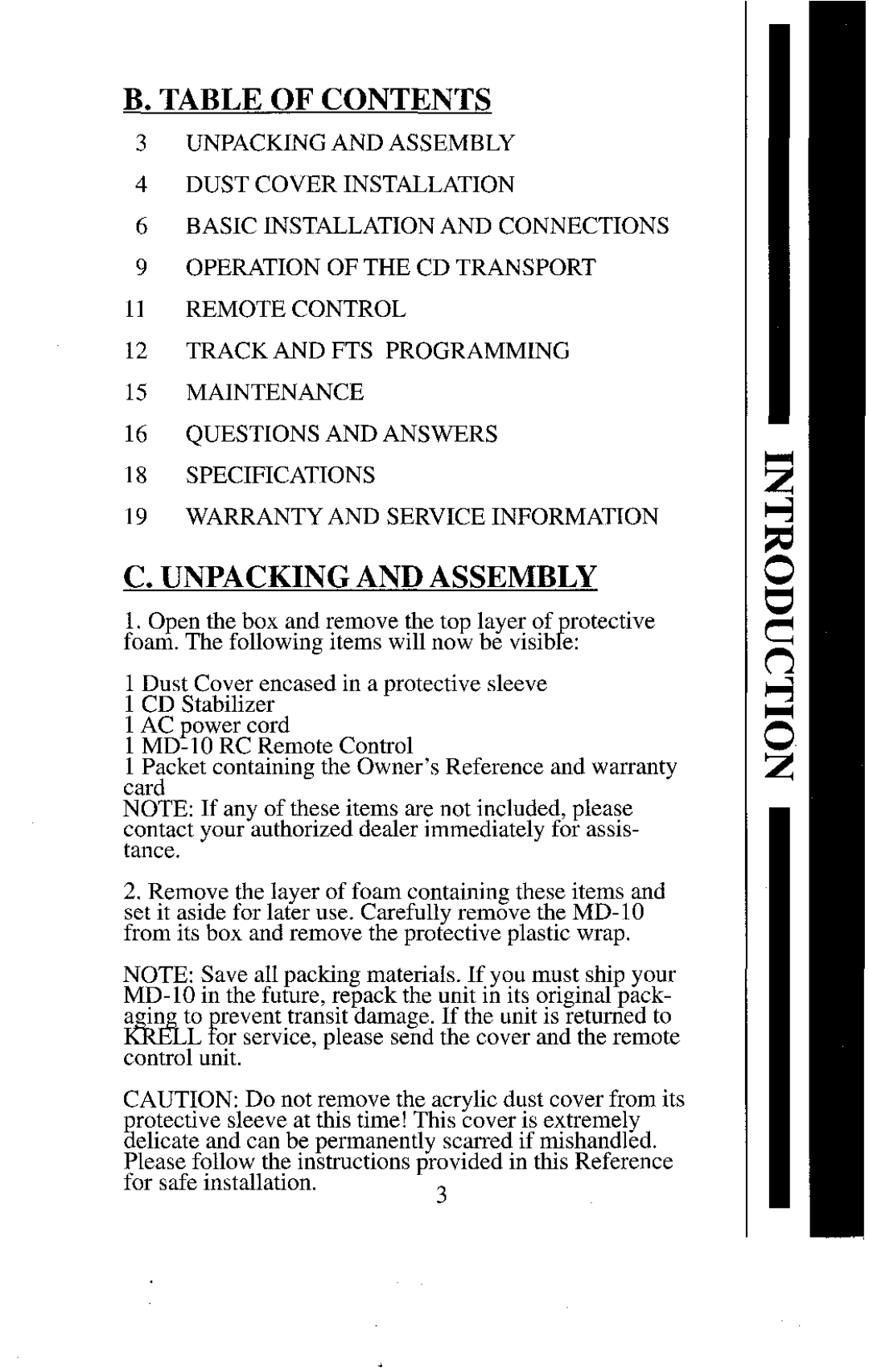 Krell Industries MD10 manual Table of Contents, Unpacking and Assembly 