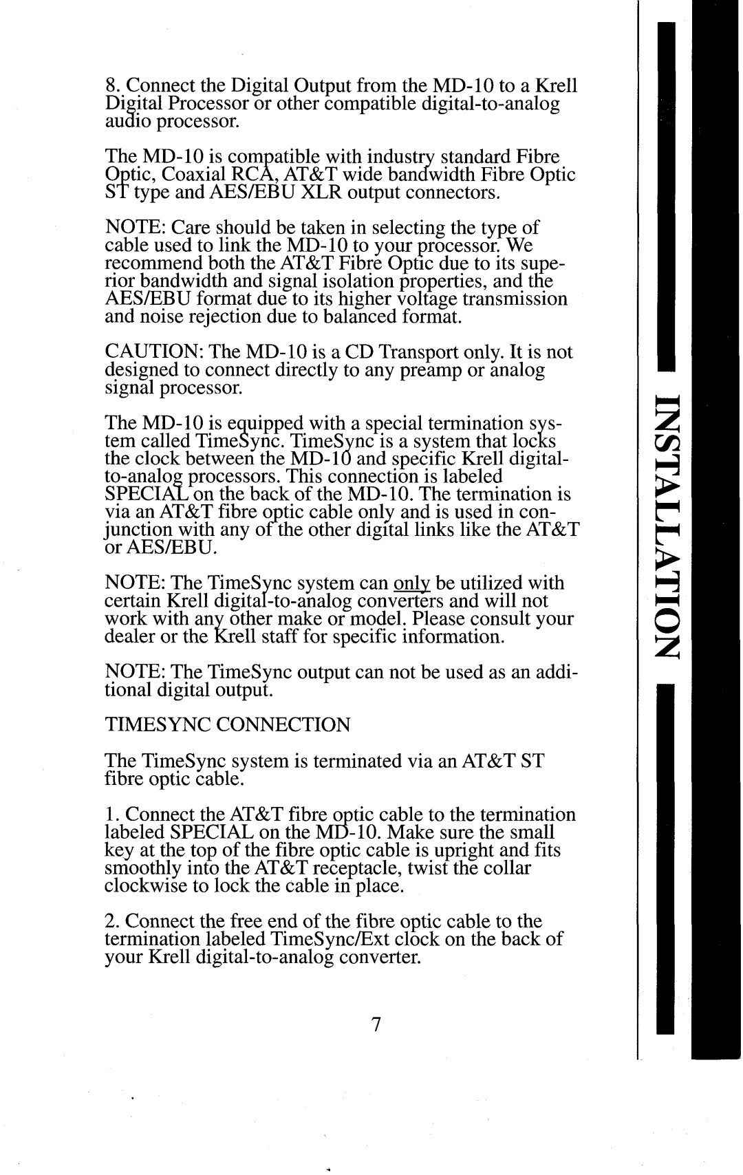 Krell Industries MD10 manual Timesync Connection 