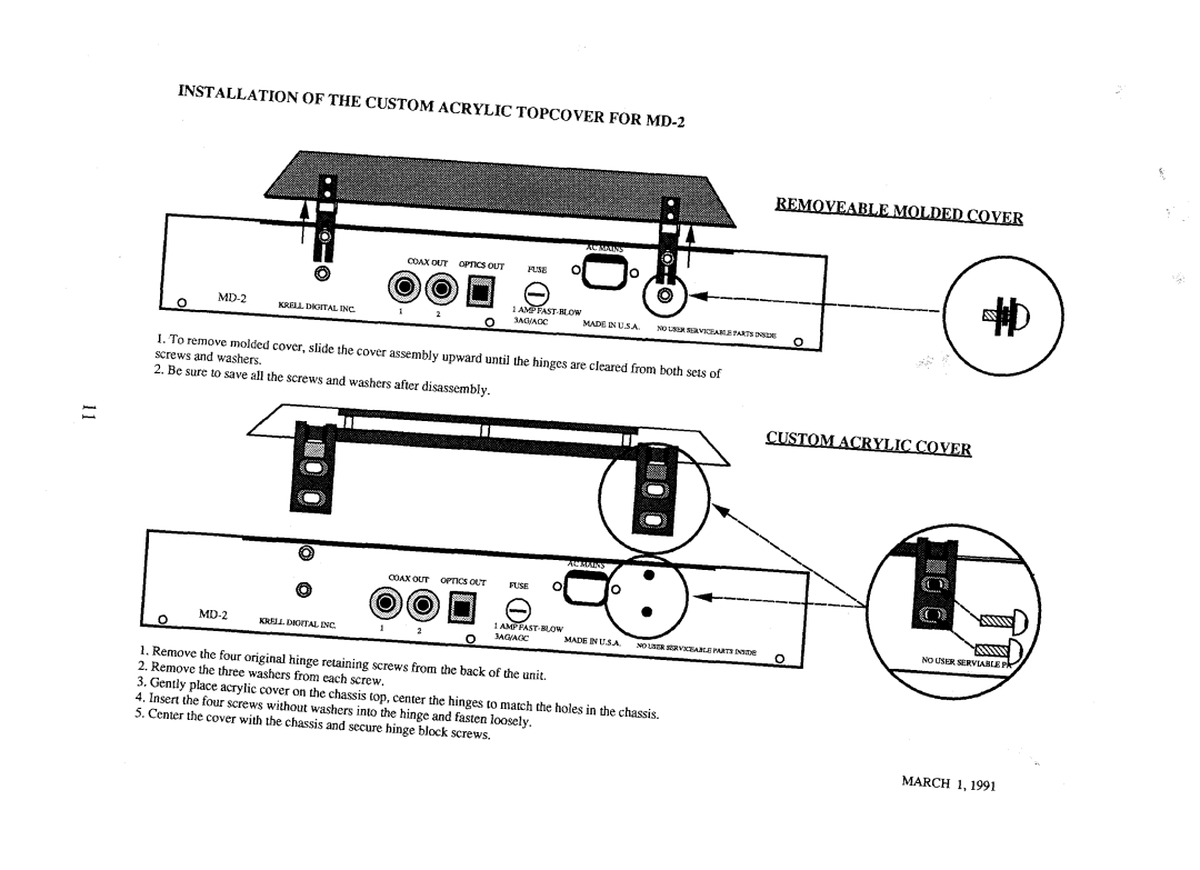 Krell Industries MD2 manual Installation of the Custom Acrylic Topcover for MD-2 