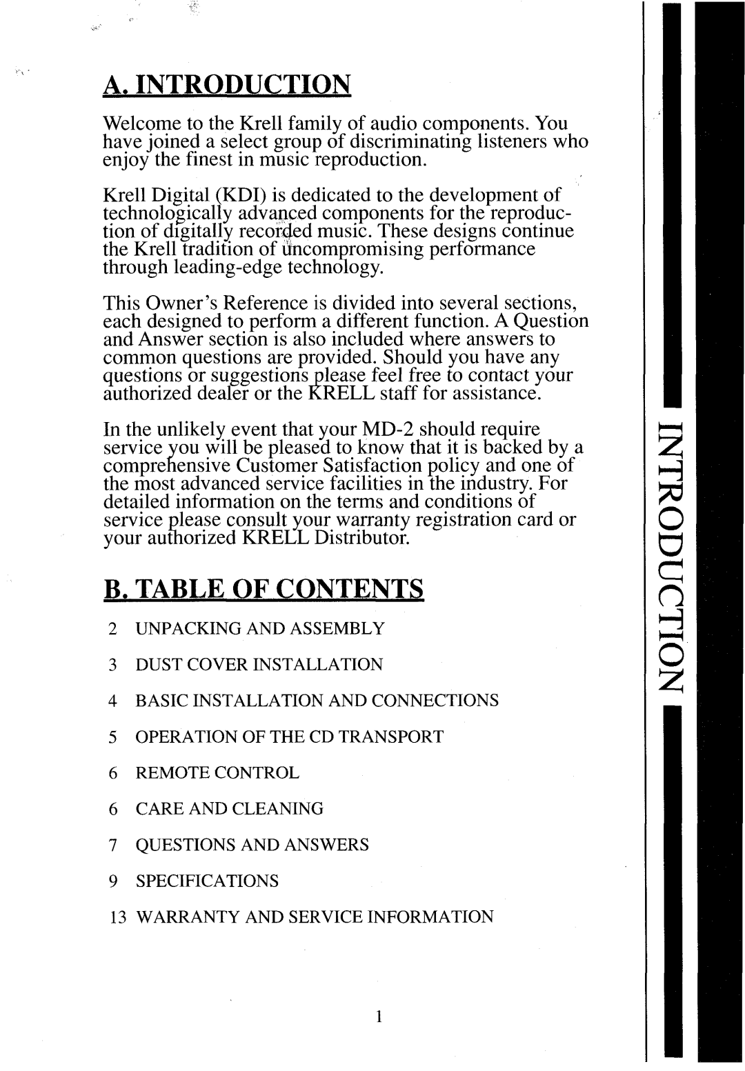 Krell Industries MD2 manual Introduction, Table OF,CONTENTS 