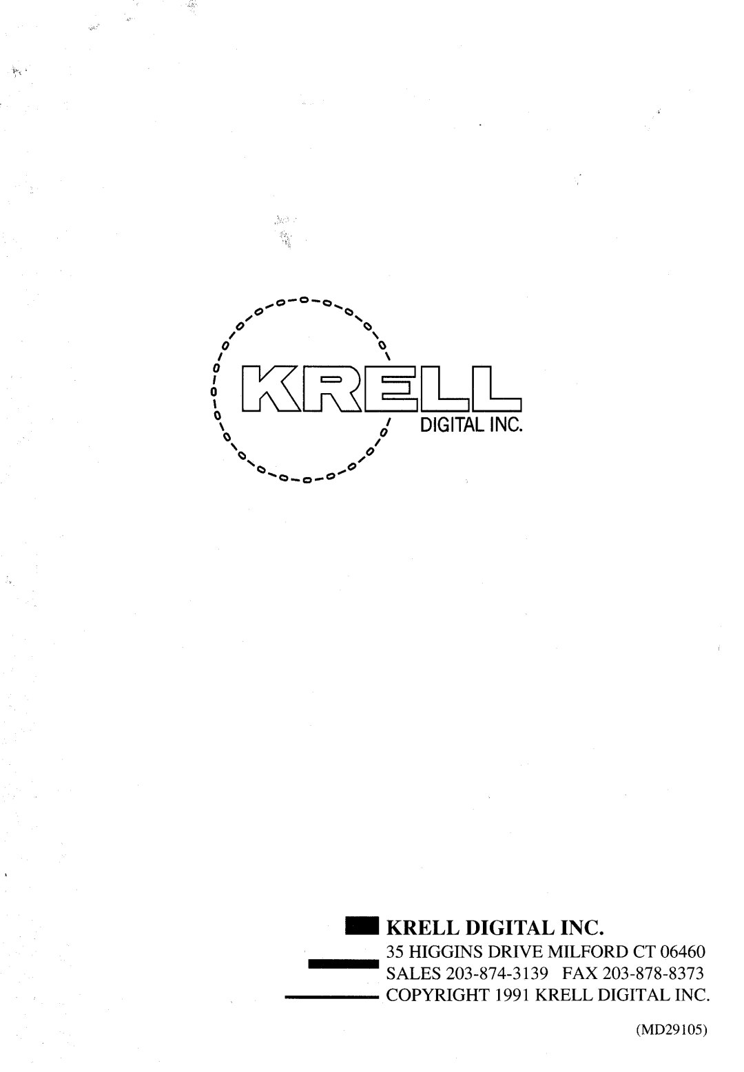 Krell Industries manual Krell Digital Inc, COPYRIGHT1991 KRELLDIGITAL INC, MD29105 
