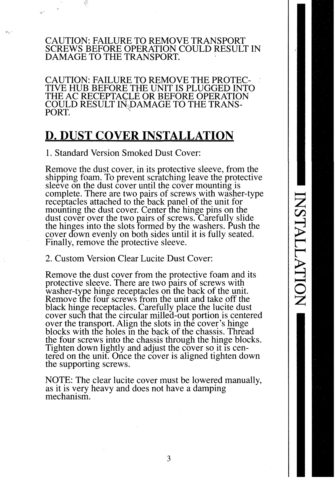 Krell Industries MD2 manual D. Dust Cover Installation 