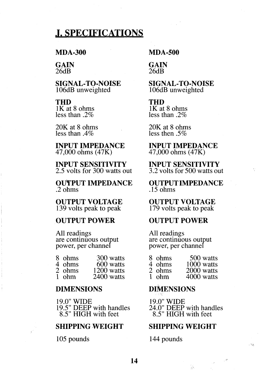 Krell Industries MDA-300/500 manual Specifications, Thd 