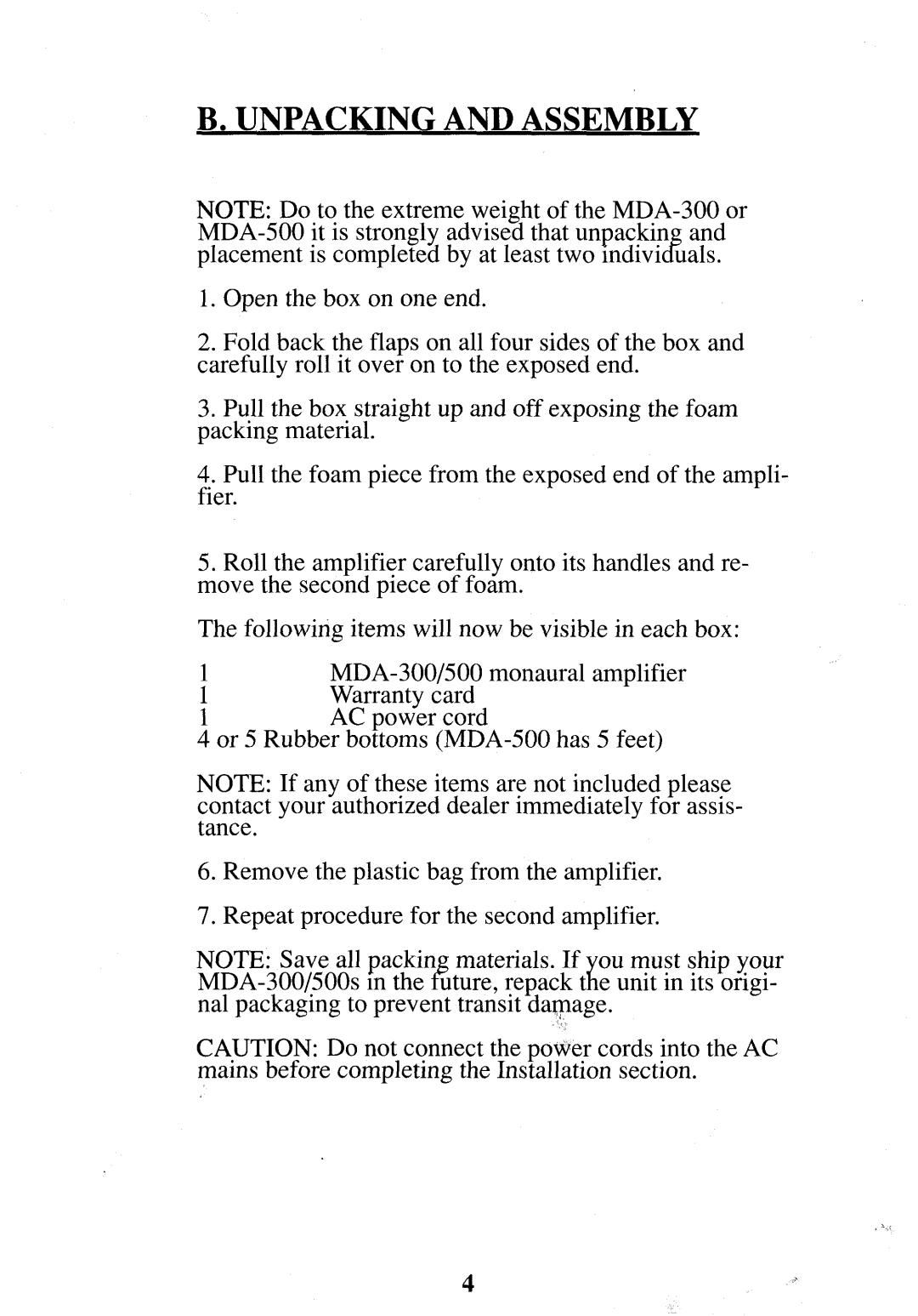 Krell Industries MDA-300/500 manual Unpacking and Assembly 