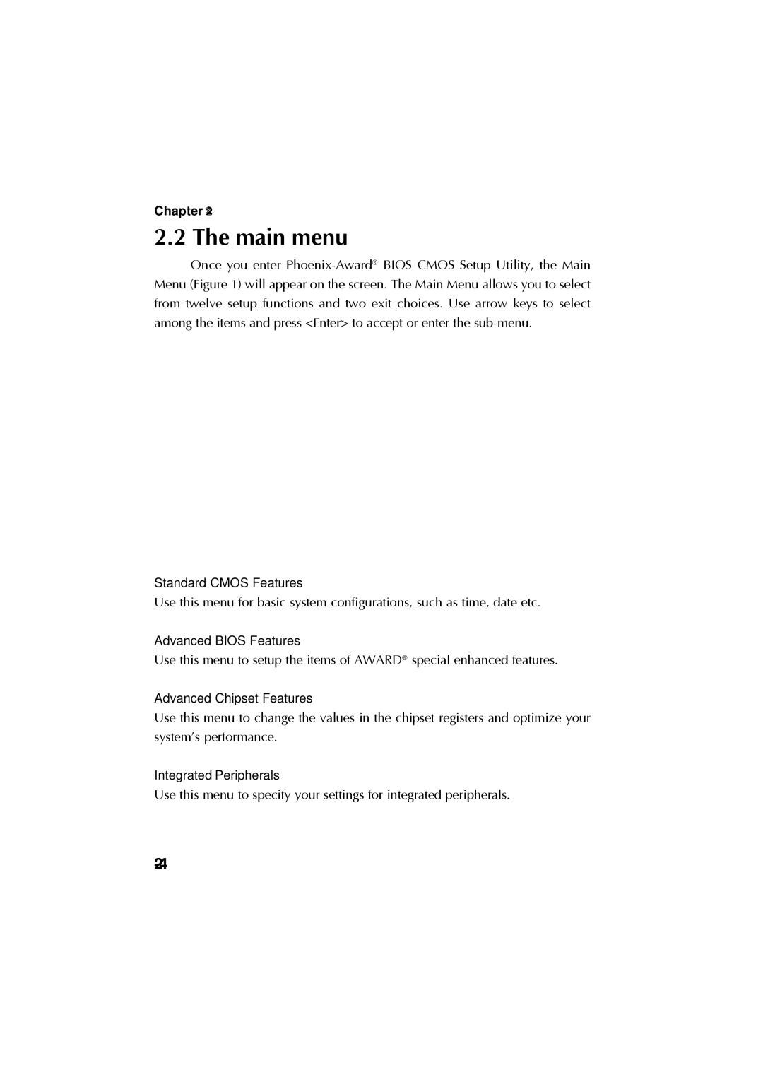 Krell Industries MS 6760 manual Main menu, Standard Cmos Features, Advanced Bios Features, Advanced Chipset Features 