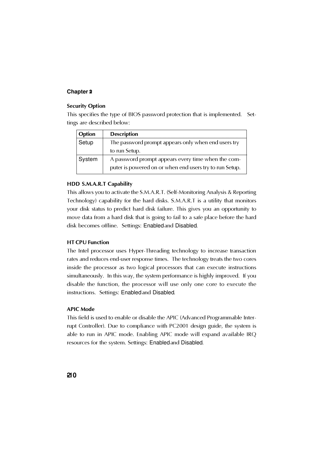 Krell Industries MS 6760 manual Chapter Security Option, HDD S.M.A.R.T Capability, HT CPU Function, Apic Mode 