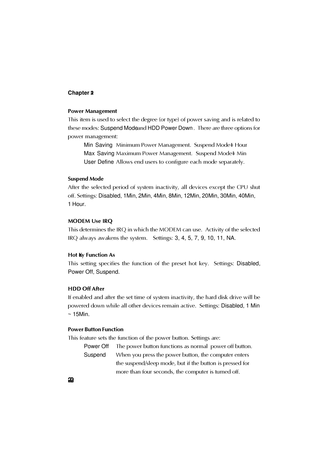 Krell Industries MS 6760 manual Chapter Power Management, Suspend Mode, Modem Use IRQ, Hot Key Function As, HDD Off After 