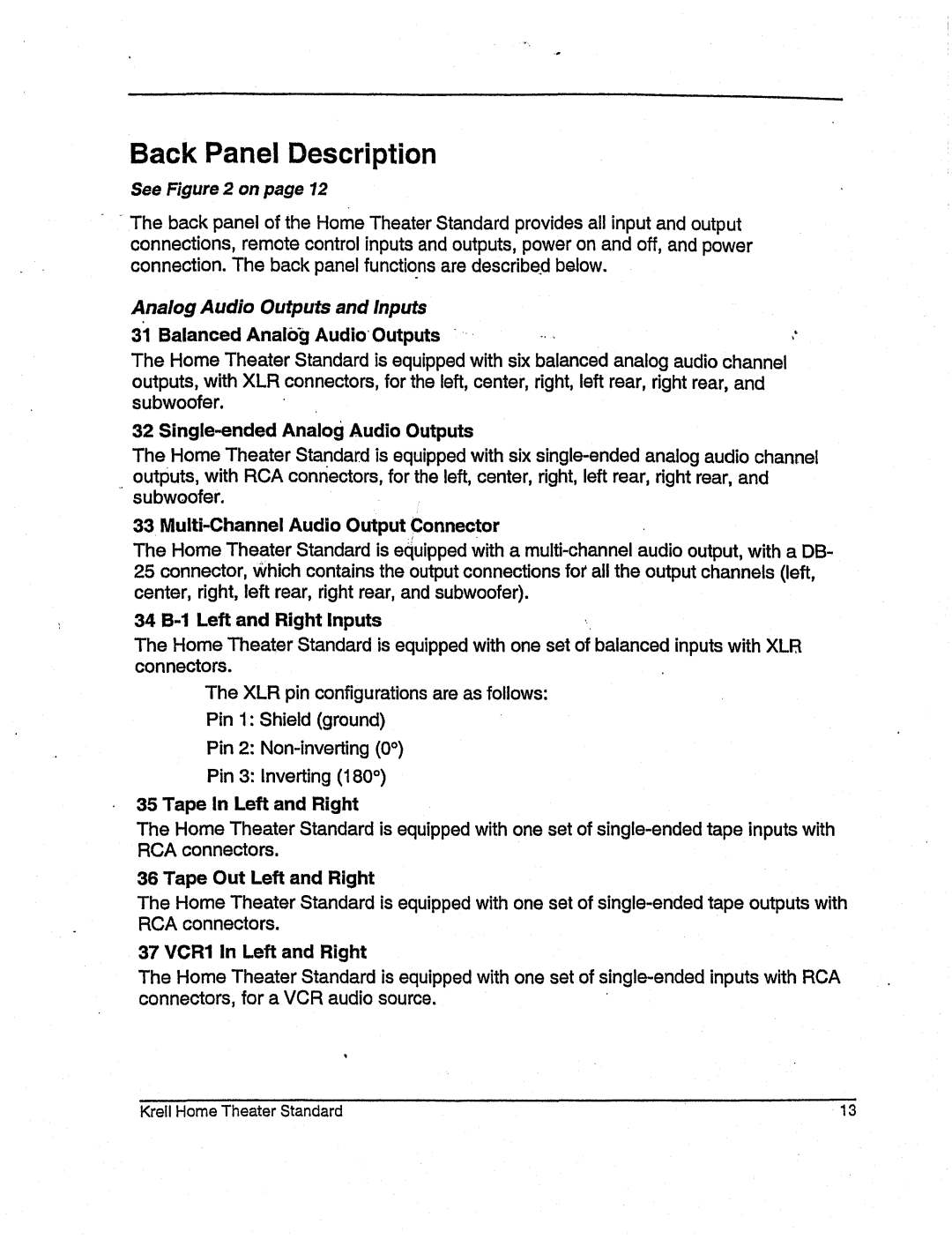 Krell Industries None manual BackPanel Description, AnalogAudioOutputsand Inputs 