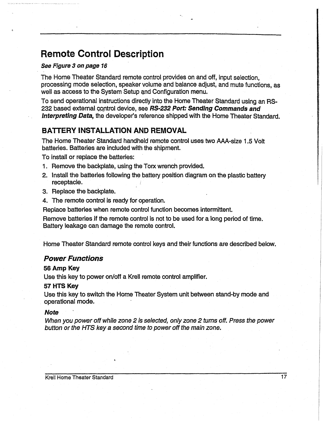 Krell Industries None RemoteControl Description, SeeFigure3 onpage16, Battery Installation and Removal, AmpKey, HTSKey 