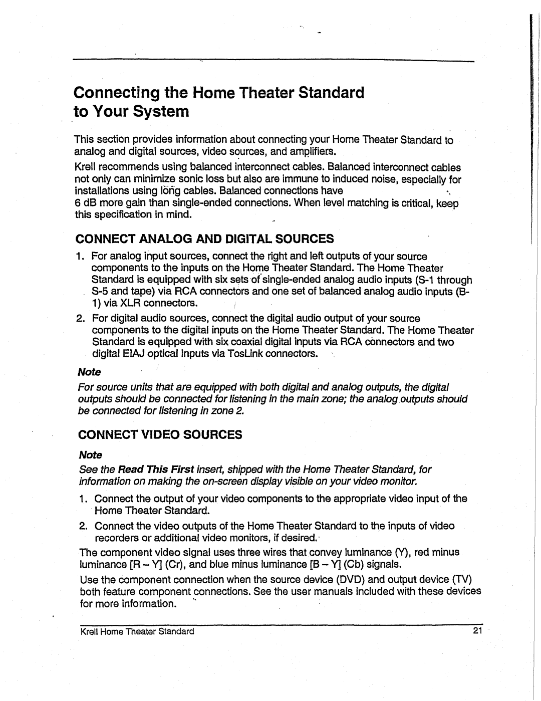 Krell Industries None manual Connectingthe HomeTheater Standard to Your System, Connect Analog and Digital Sources 