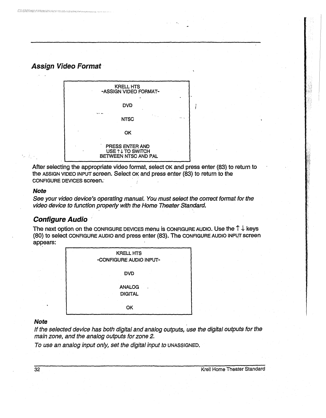 Krell Industries None manual Assign Video Format, Configure Audio 