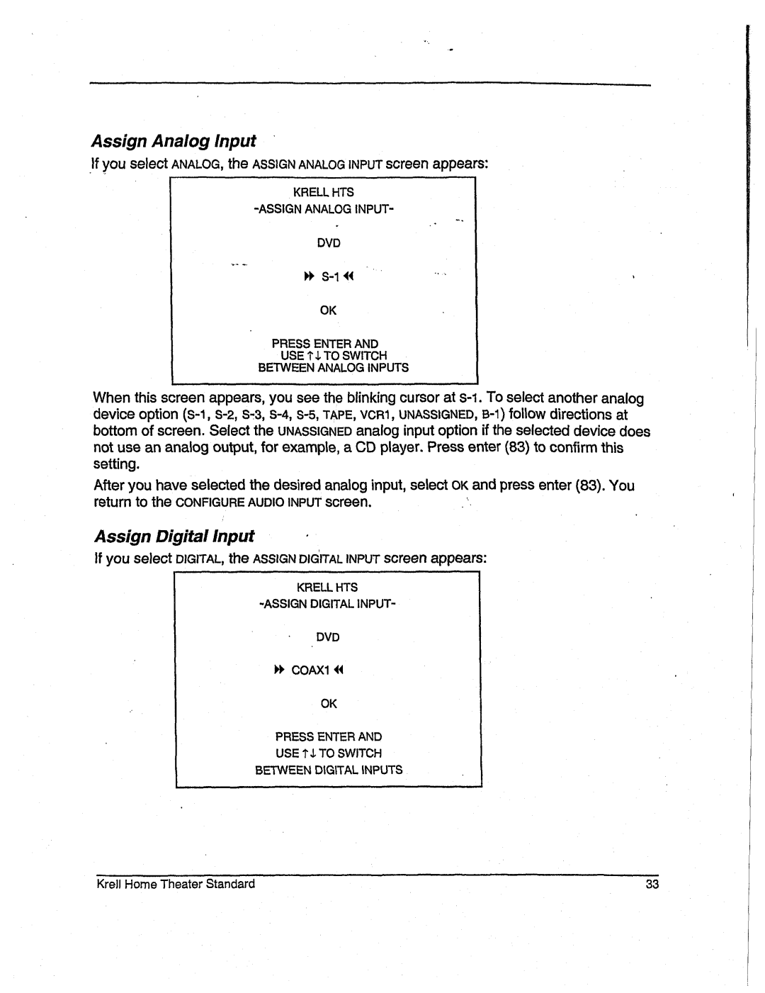 Krell Industries None Assign Analog Input, If youselectANALOG,the ASSIGNANALOGINPUTscreenappears, Assign Digital Input 