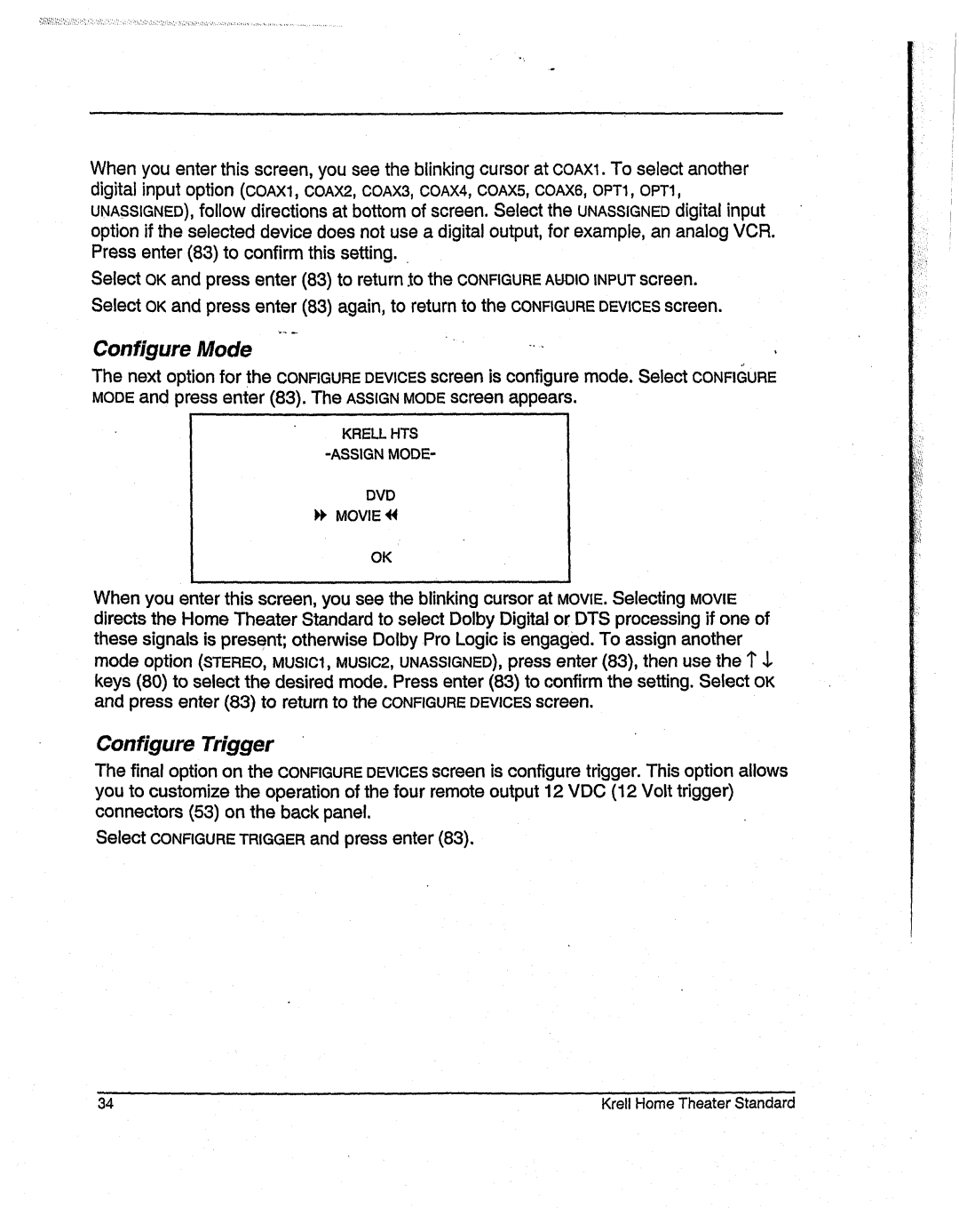 Krell Industries None manual Configure Mode, Configure Trigger 