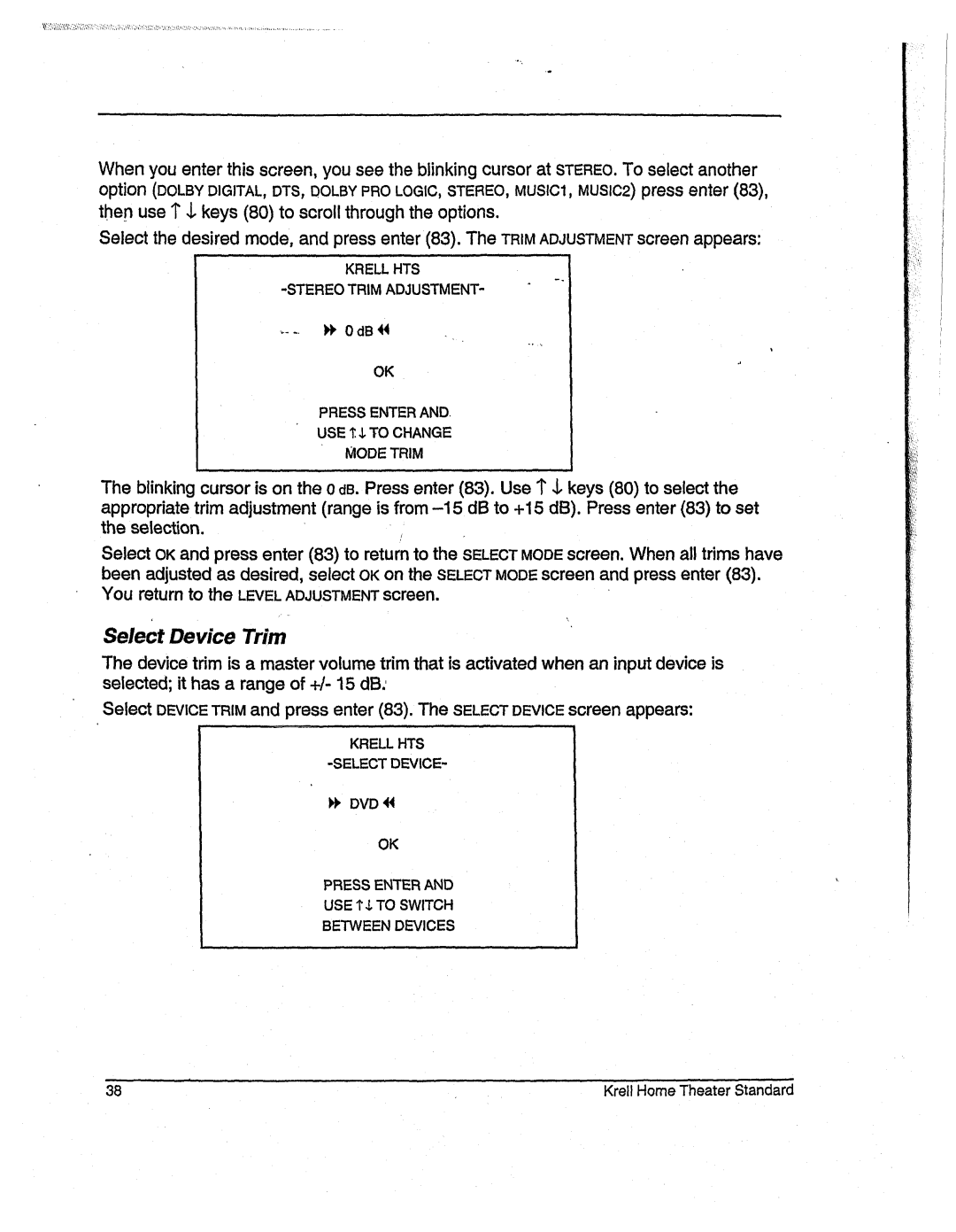 Krell Industries None manual Selection, Youreturnto the LEVELADJUSTMENTscreen, Select Device Trim 