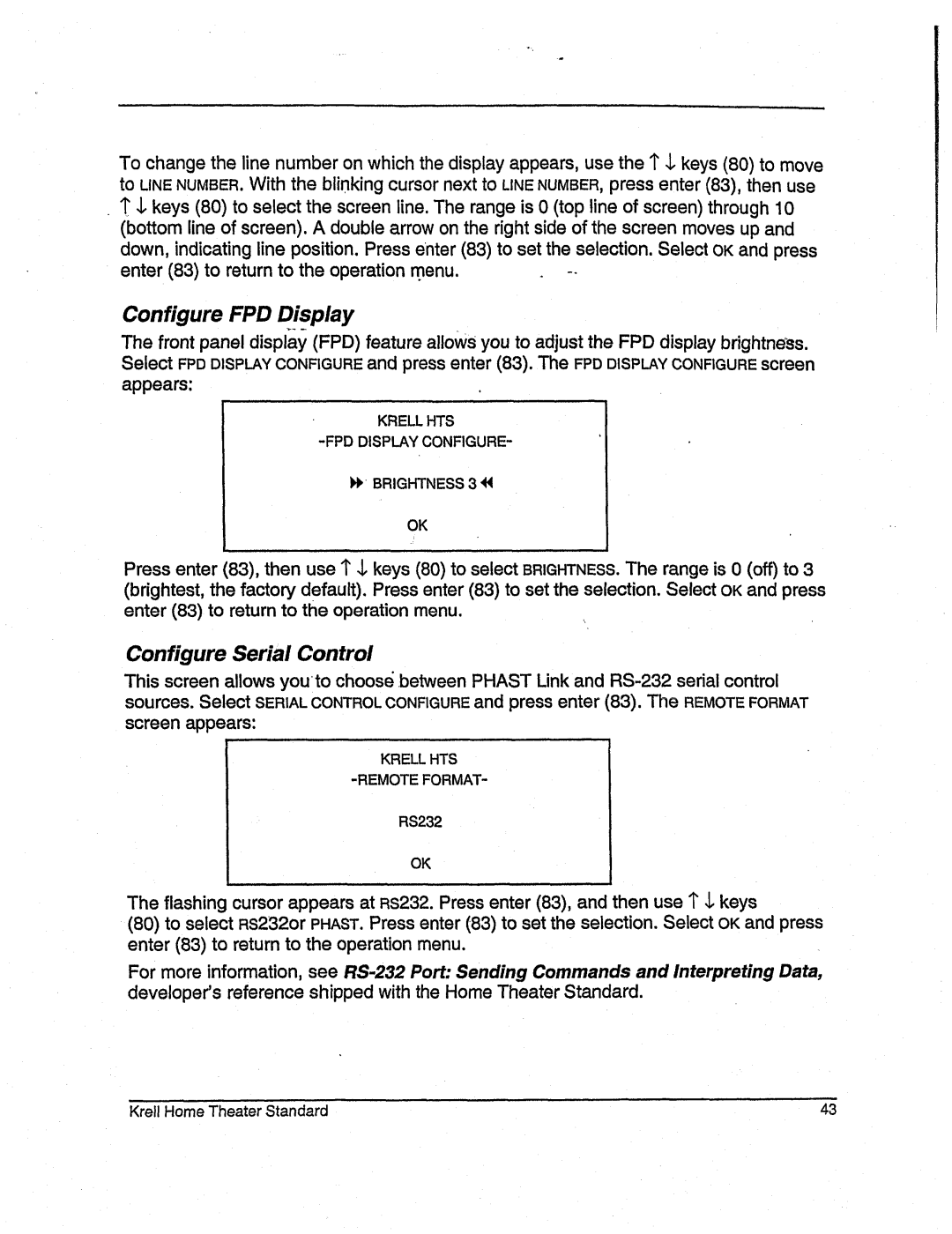 Krell Industries None manual Configure FPD Display, Configure Serial Control 