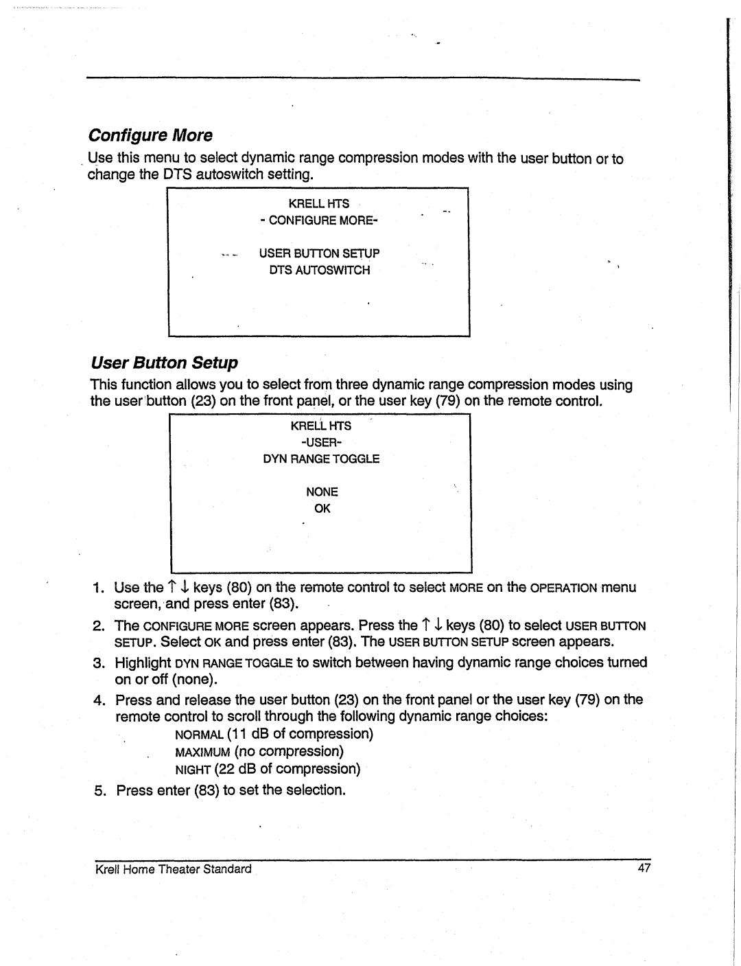 Krell Industries None manual Configure More, User Button Setup 