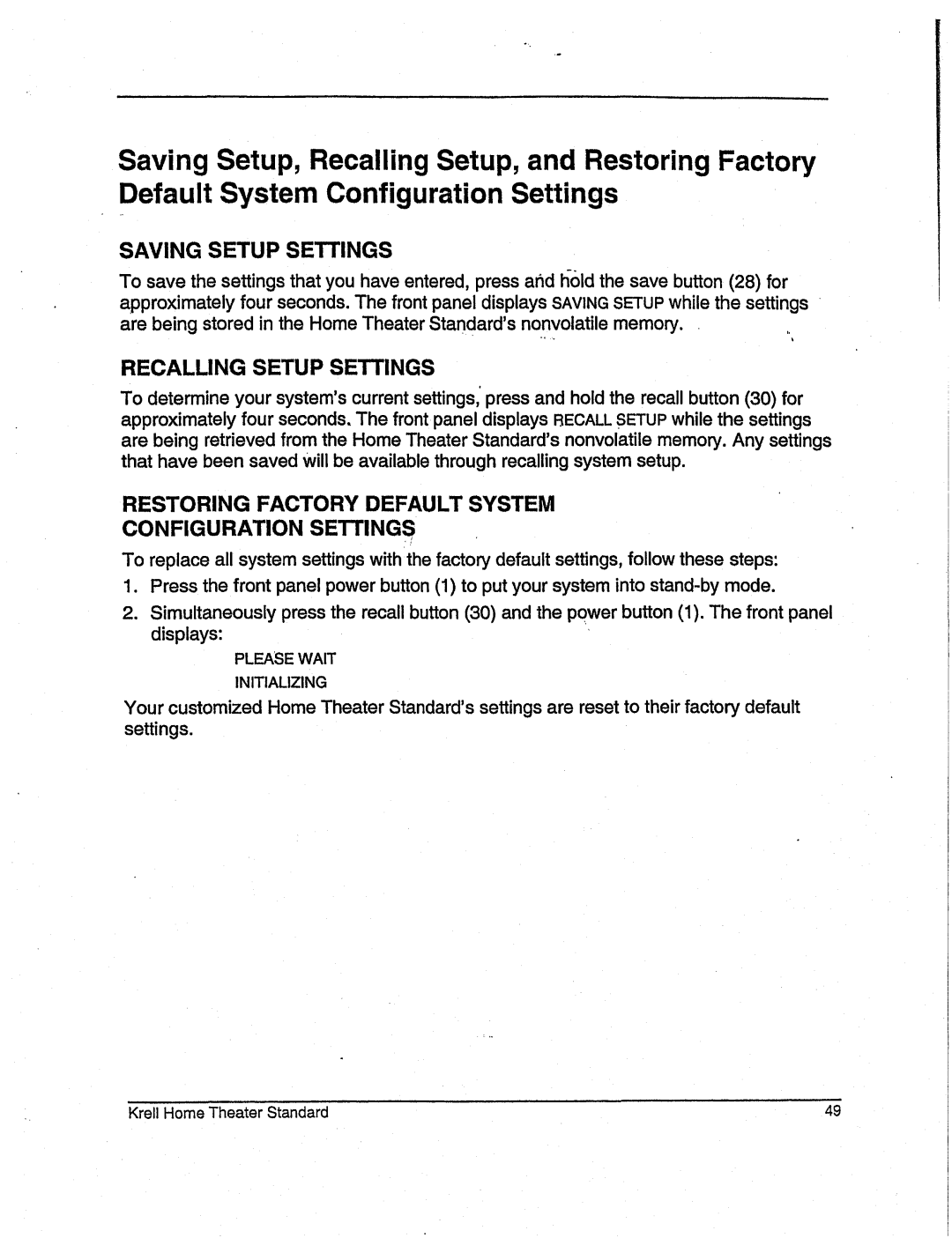 Krell Industries None manual Saving Setup Settings, Recalling Setup Settings, Configuration Settings 