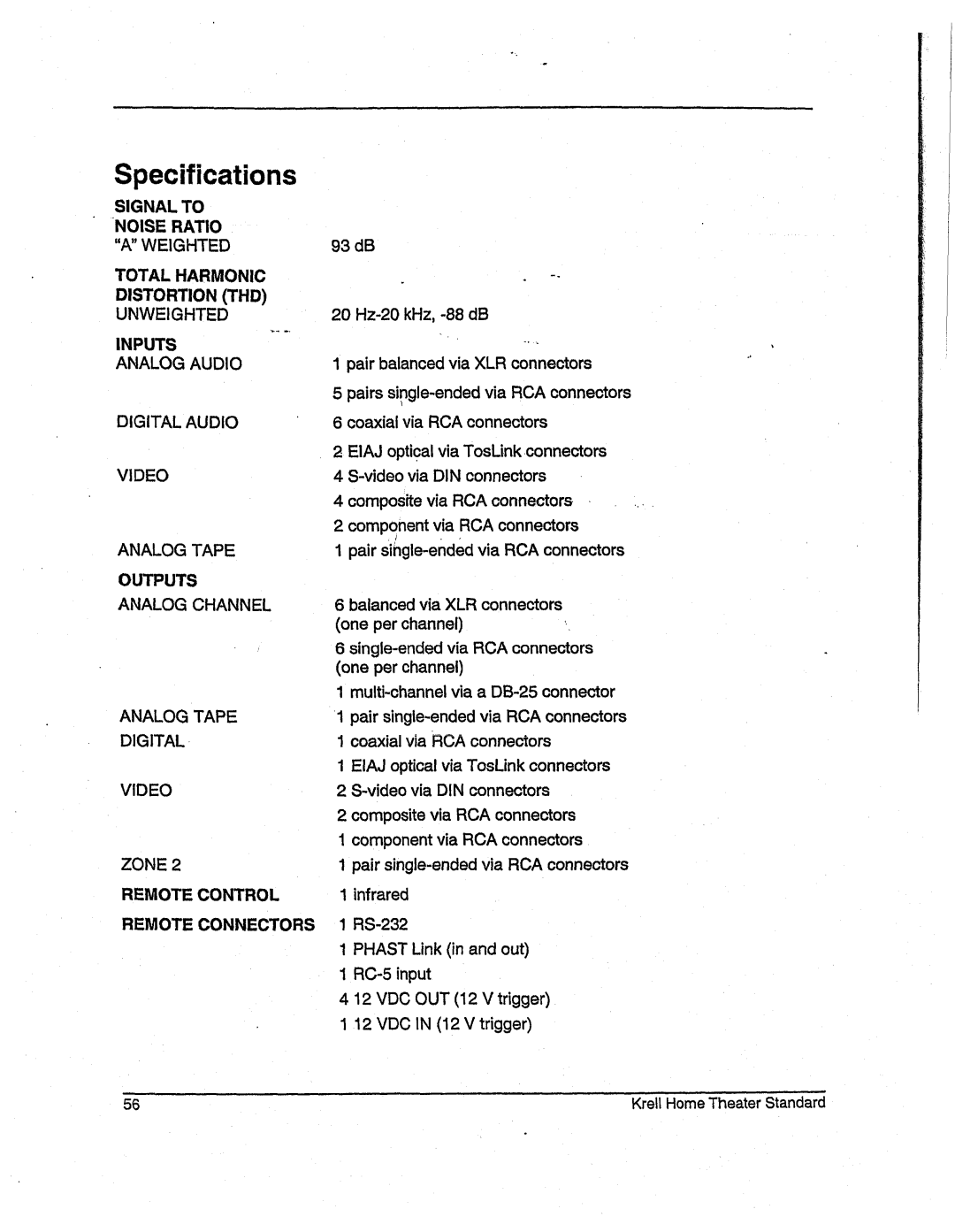 Krell Industries None manual Specifications, Inputs 