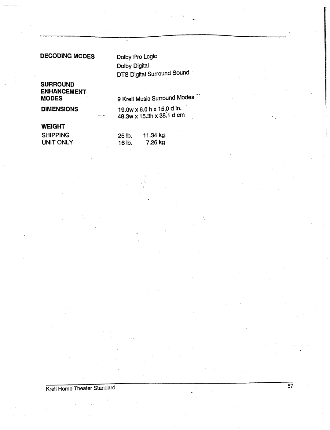 Krell Industries None manual Decodingmodes Surround Enhancement Modes Dimensions Weight 