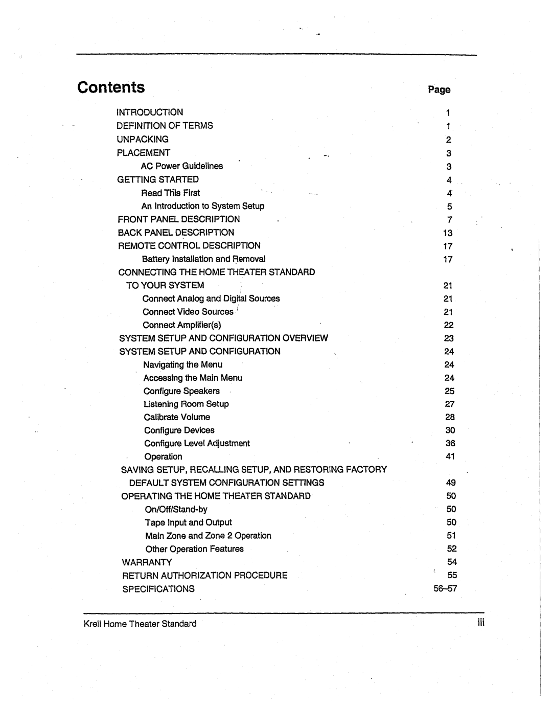 Krell Industries None manual Contents, Page 