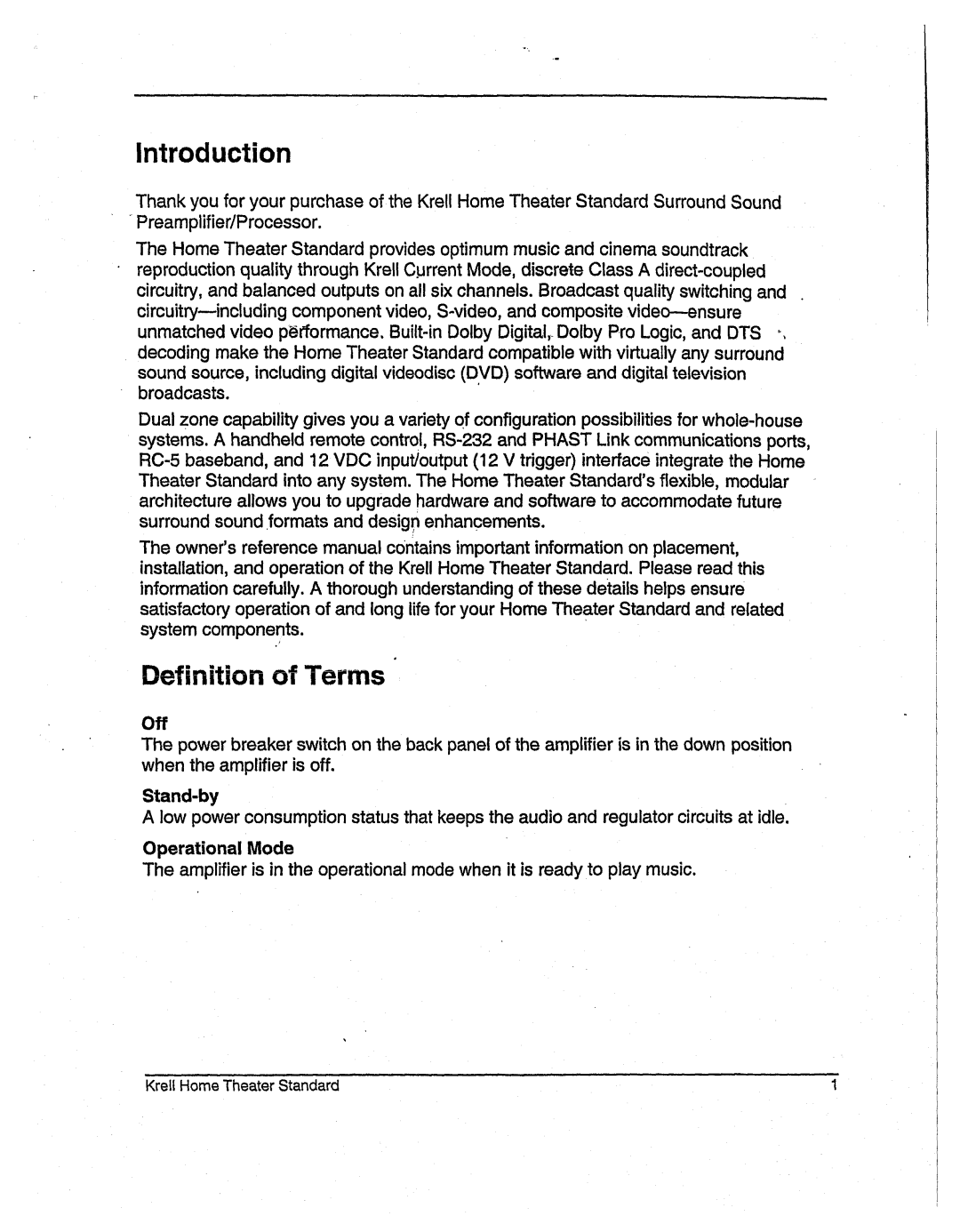 Krell Industries None manual Introduction, Definition of Terms, Operational Mode 
