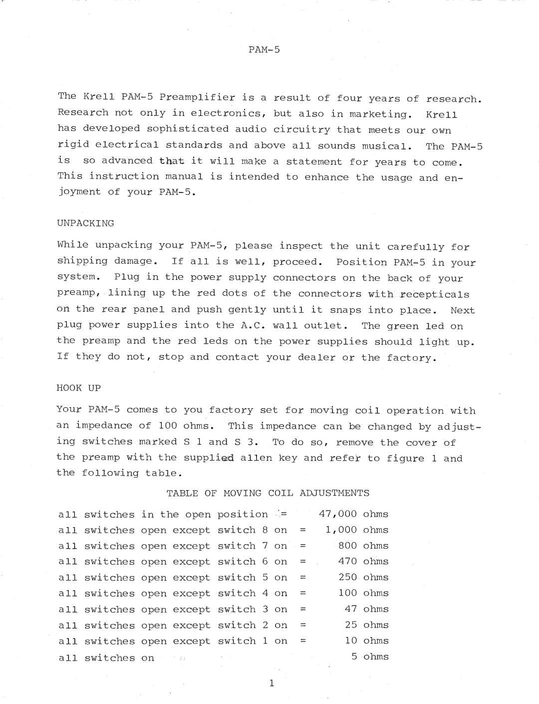 Krell Industries PAM-5 manual 