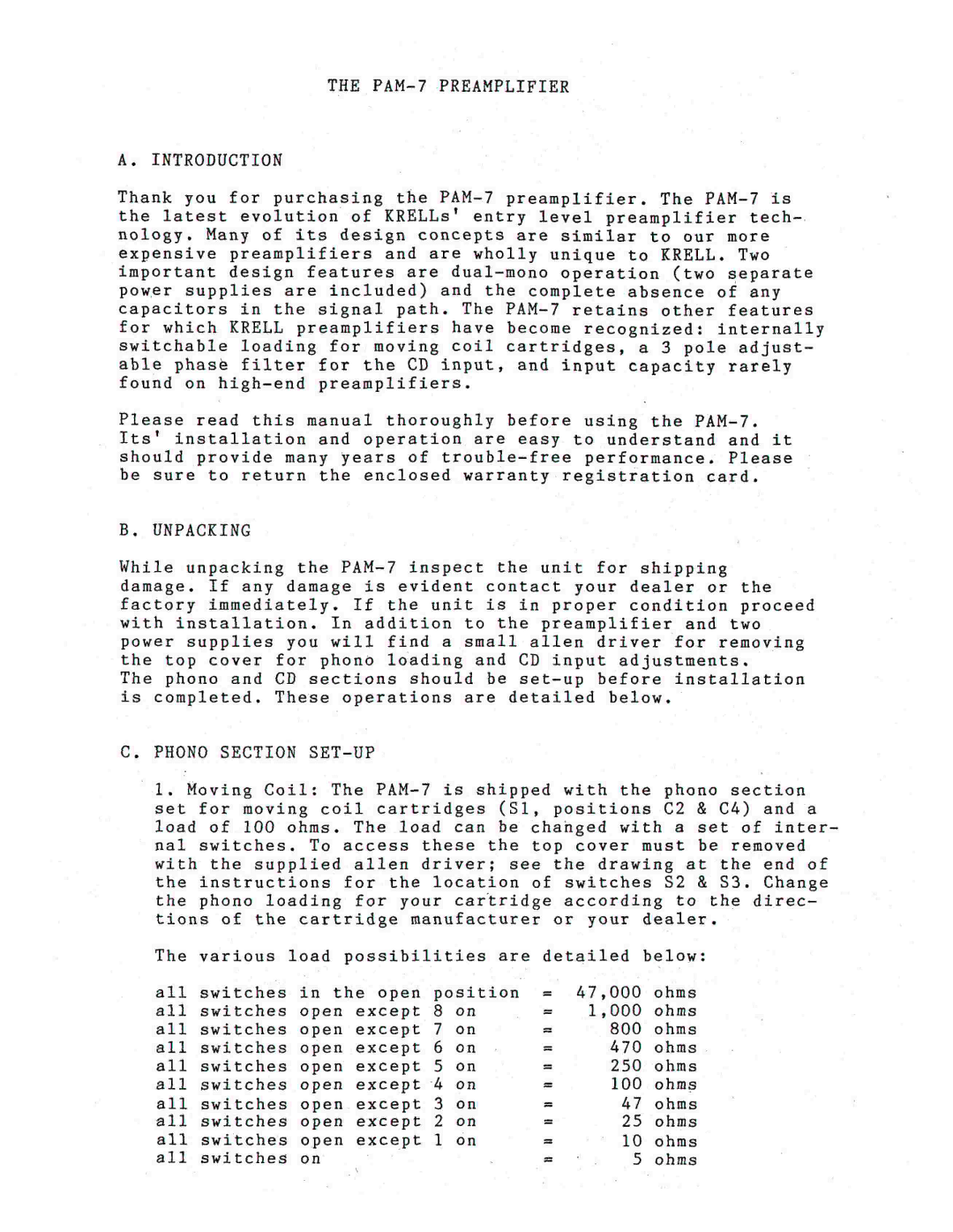 Krell Industries PAM-7 manual 