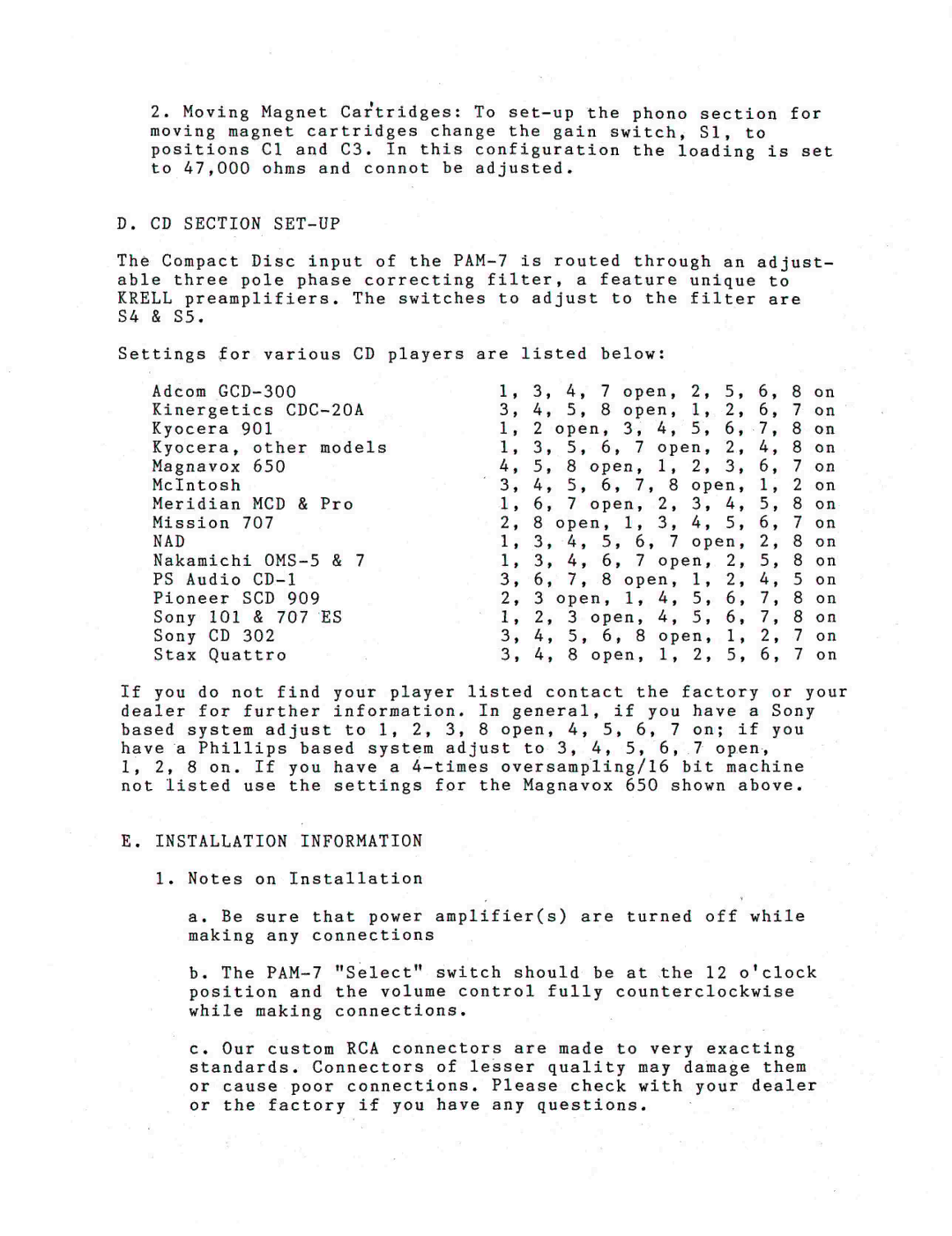 Krell Industries PAM-7 manual 