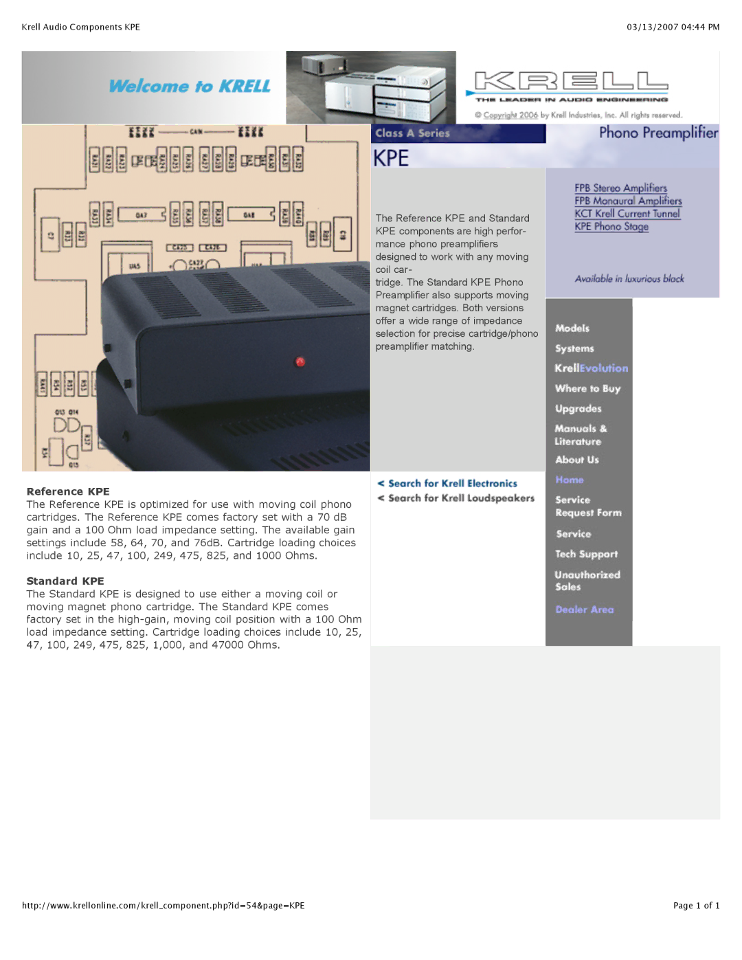 Krell Industries Phone Preamplifier manual Reference KPE, Standard KPE 