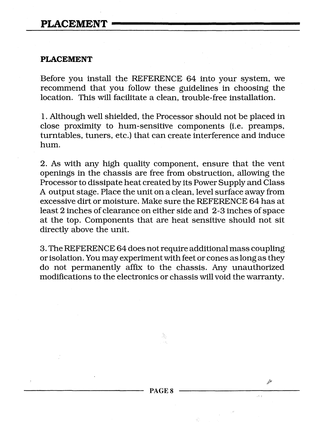 Krell Industries REFERENCE 64 manual Placement 