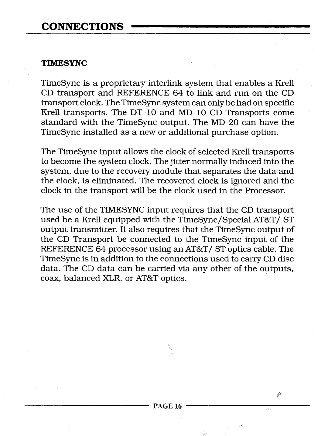 Krell Industries REFERENCE 64 manual Timesync, PAGE16, Connections 