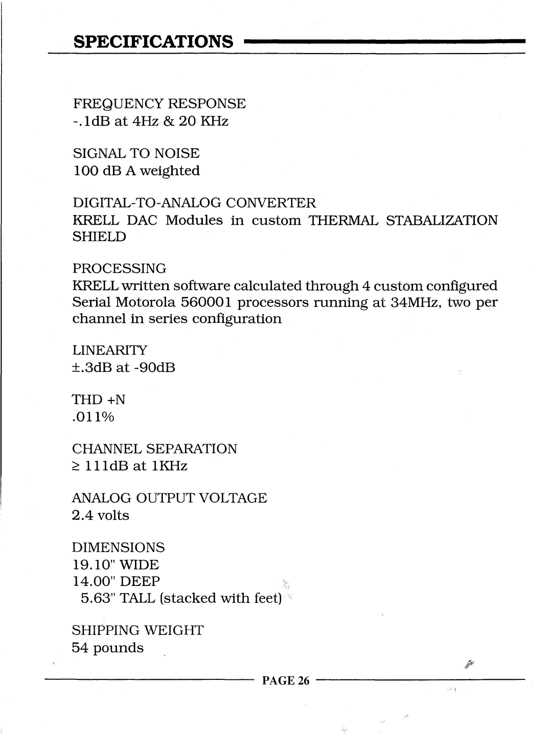 Krell Industries REFERENCE 64 manual Specifications, PAGE26 