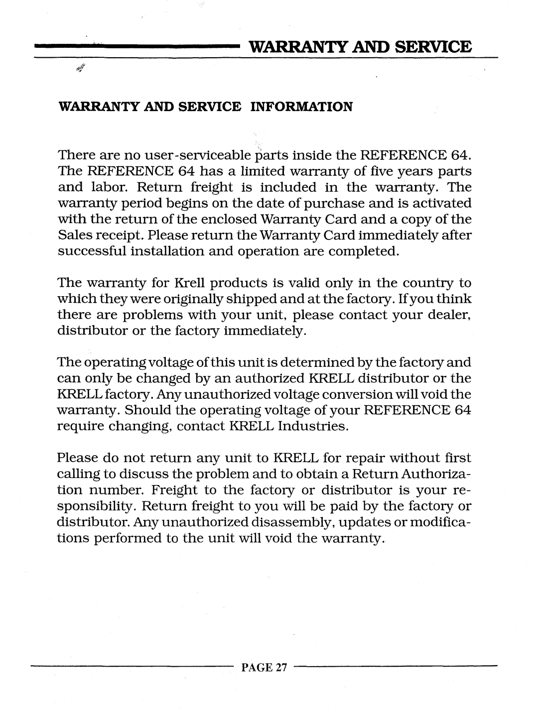 Krell Industries REFERENCE 64 manual Warranty And Service Information 