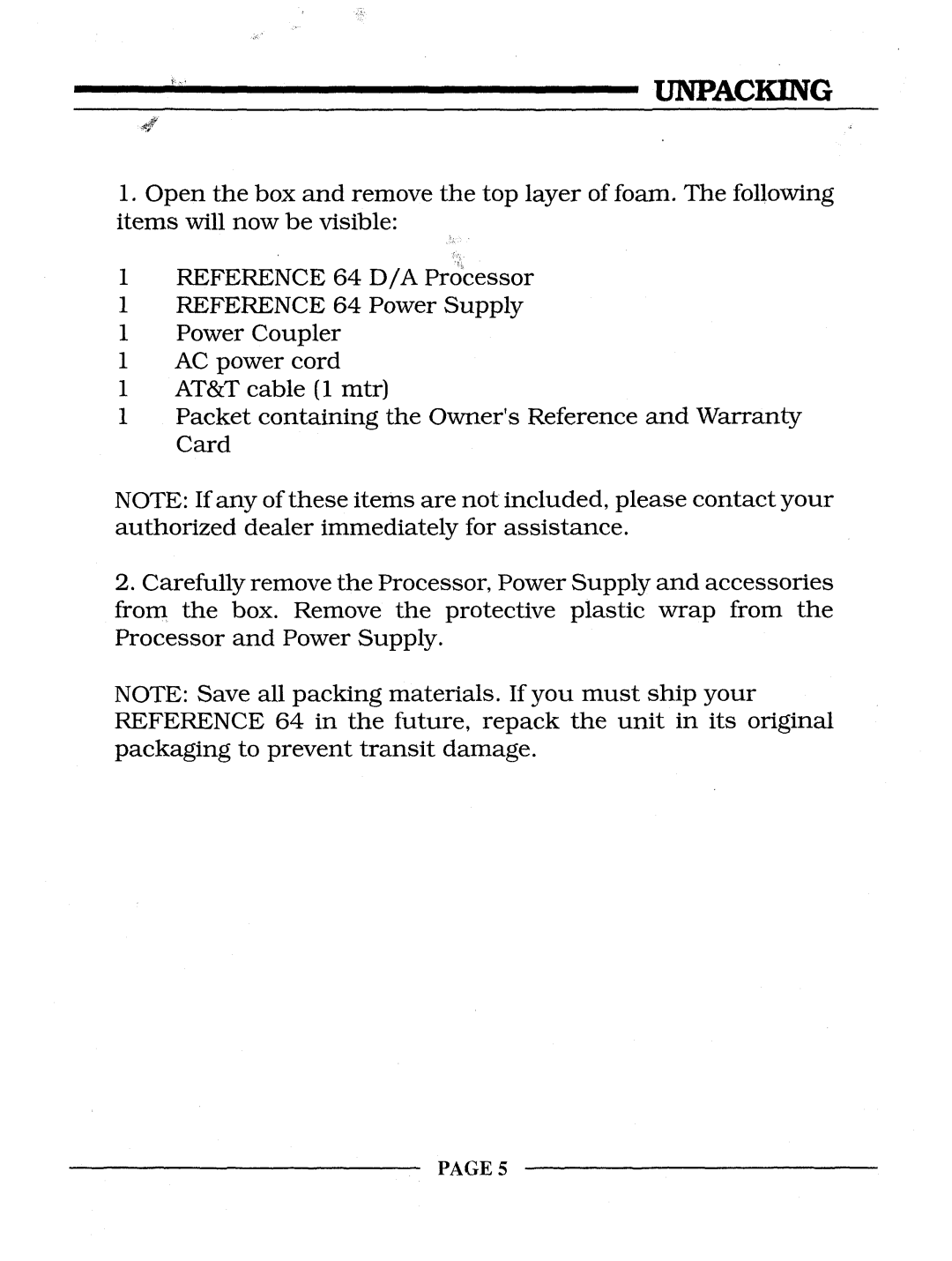 Krell Industries REFERENCE 64 manual Unpacking, PAGE5 