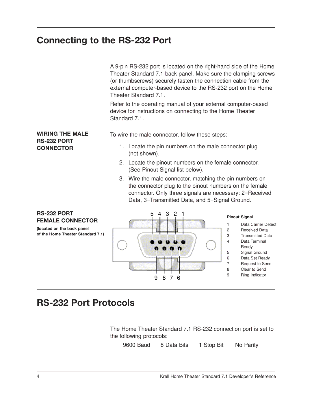 Krell Industries RC-5 manual Connecting to the RS-232 Port, RS-232 Port Protocols 