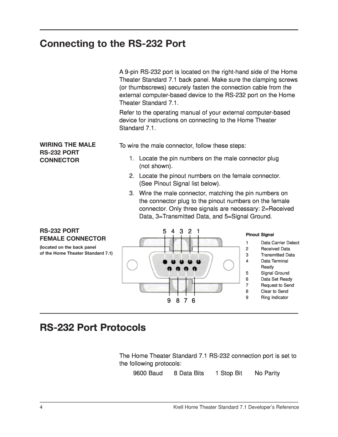 Krell Industries RC-5 manual Connecting to the RS-232Port, RS-232Port Protocols, WIRING THE MALE RS-232PORT CONNECTOR 