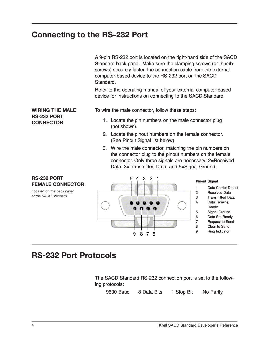 Krell Industries manual Connecting to the RS-232Port, RS-232Port Protocols, WIRING THE MALE RS-232PORT CONNECTOR 