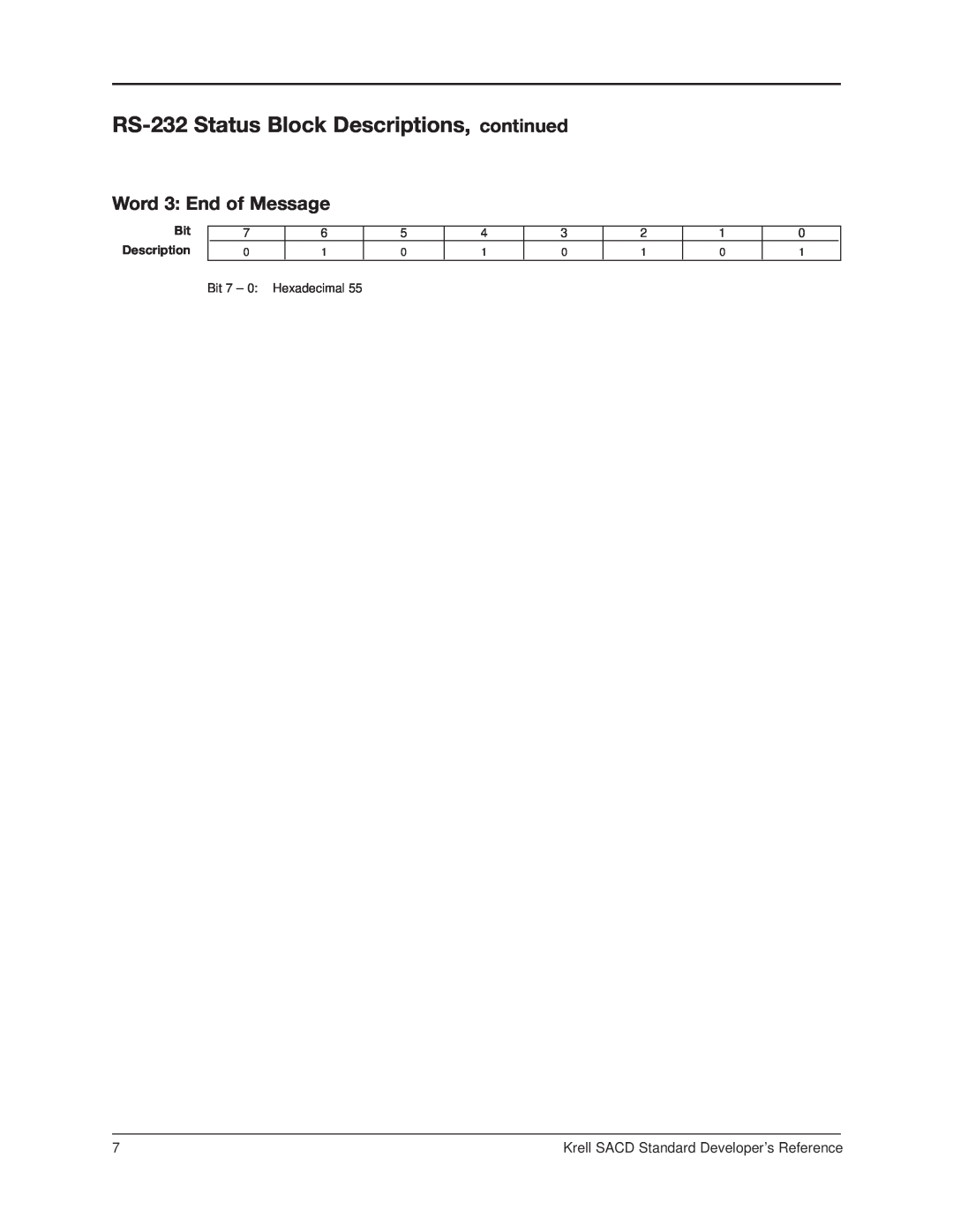 Krell Industries manual Word 3 End of Message, RS-232Status Block Descriptions, continued 