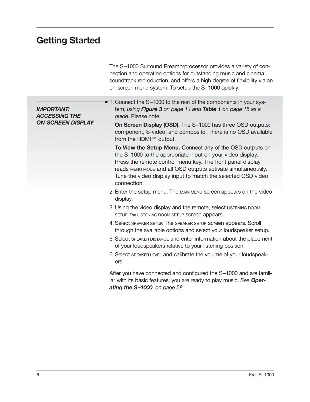 Krell Industries S-1000 manual Getting Started 