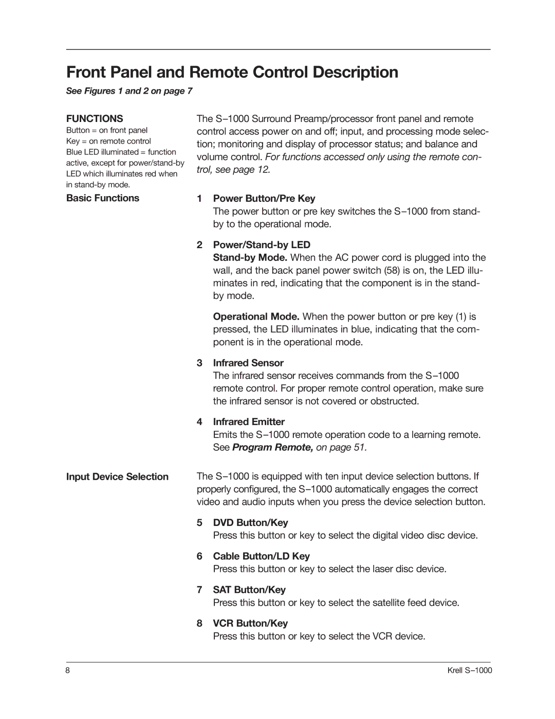 Krell Industries S-1000 manual Front Panel and Remote Control Description, Functions 