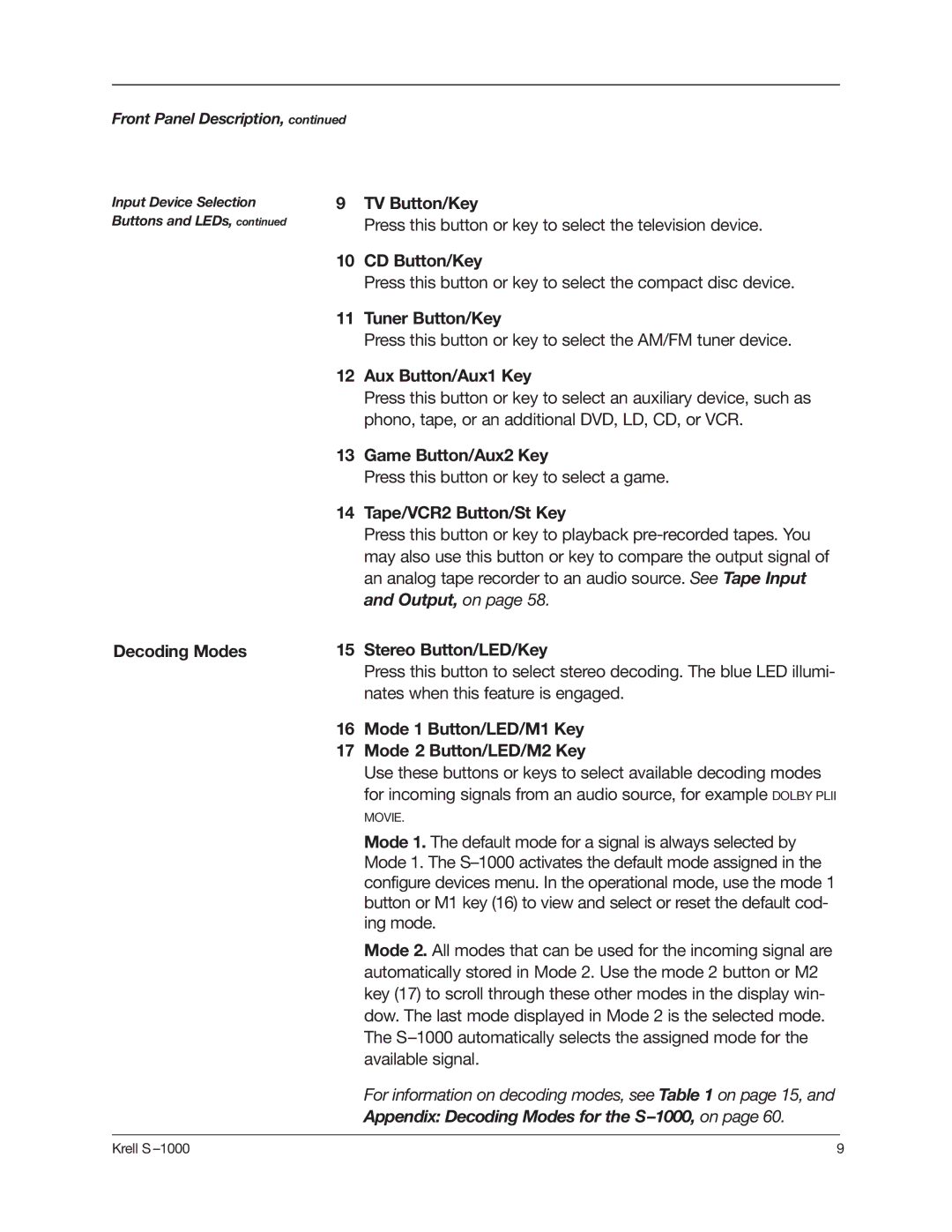 Krell Industries S-1000 manual Decoding Modes TV Button/Key, CD Button/Key, Tuner Button/Key, Aux Button/Aux1 Key 