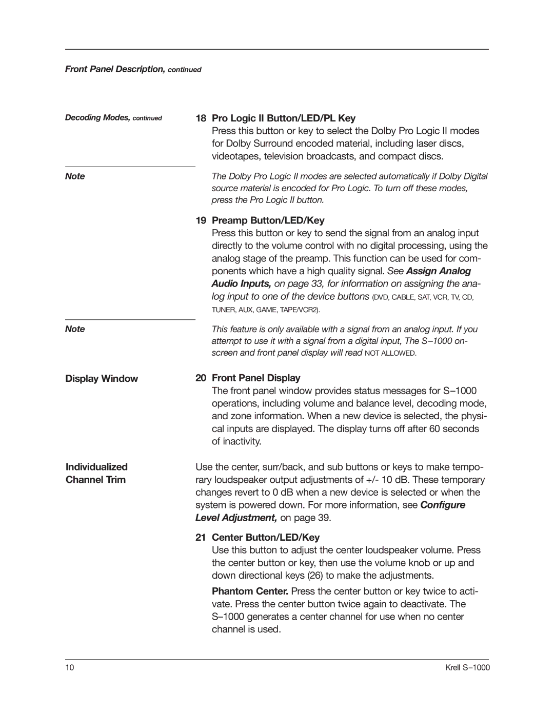 Krell Industries S-1000 manual Pro Logic II Button/LED/PL Key, Preamp Button/LED/Key, Display Window Front Panel Display 