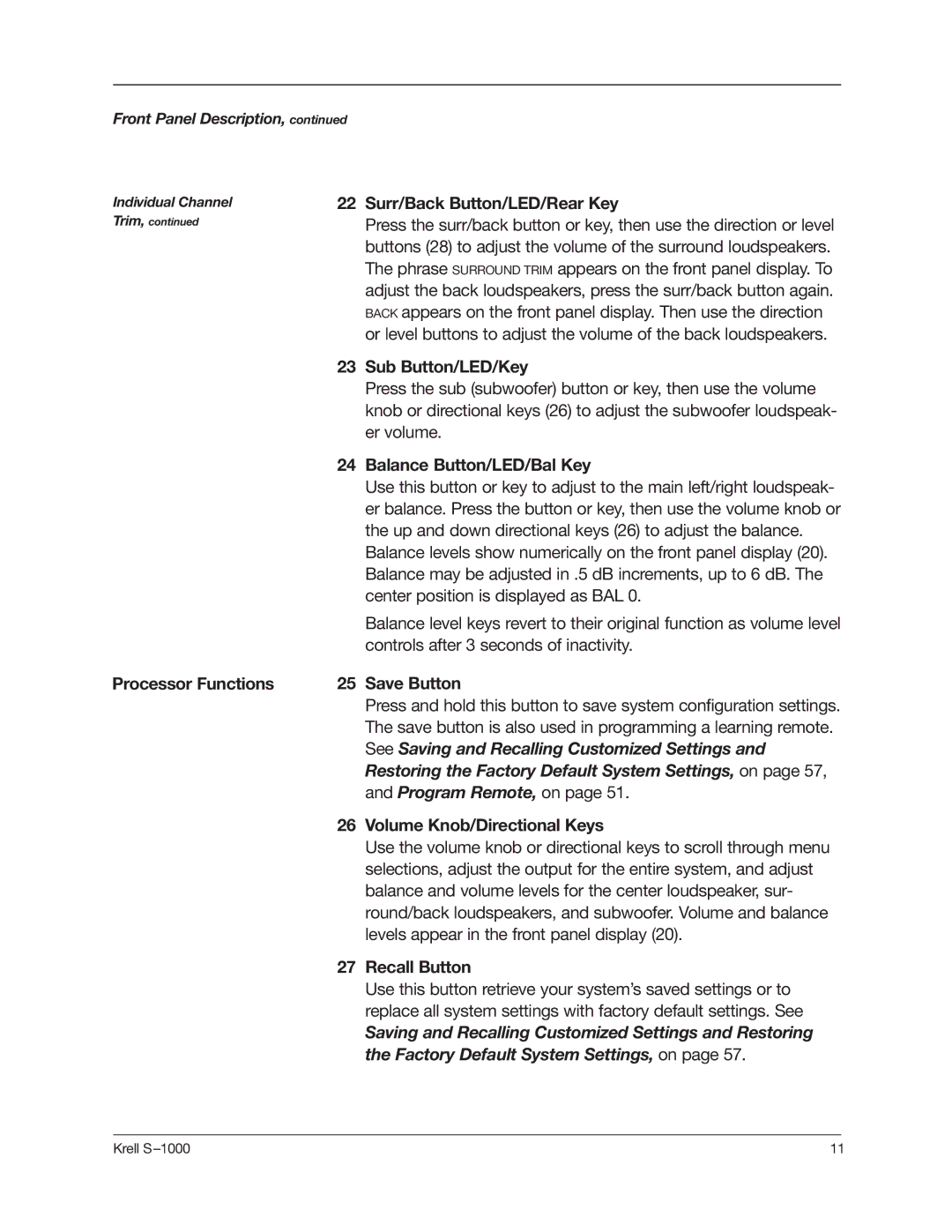 Krell Industries S-1000 manual Surr/Back Button/LED/Rear Key, Sub Button/LED/Key, Balance Button/LED/Bal Key, Recall Button 