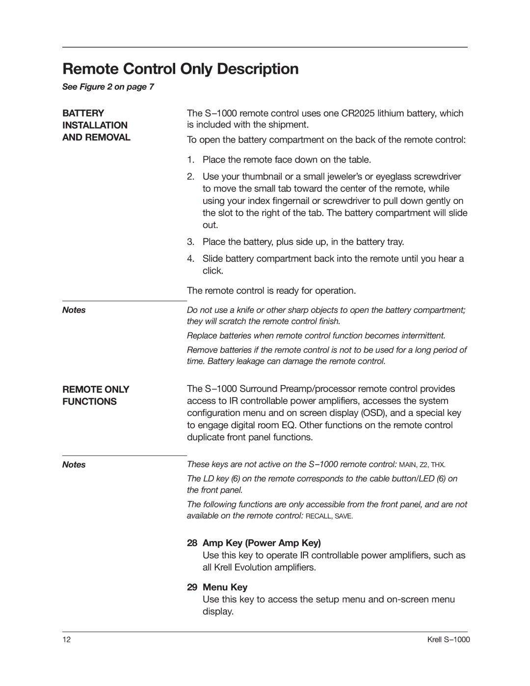 Krell Industries S-1000 Remote Control Only Description, Battery Installation and Removal, Amp Key Power Amp Key, Menu Key 