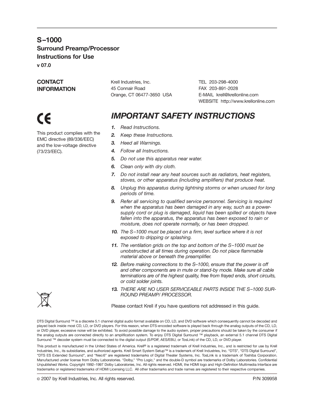 Krell Industries S-1000 manual Contact, Information 