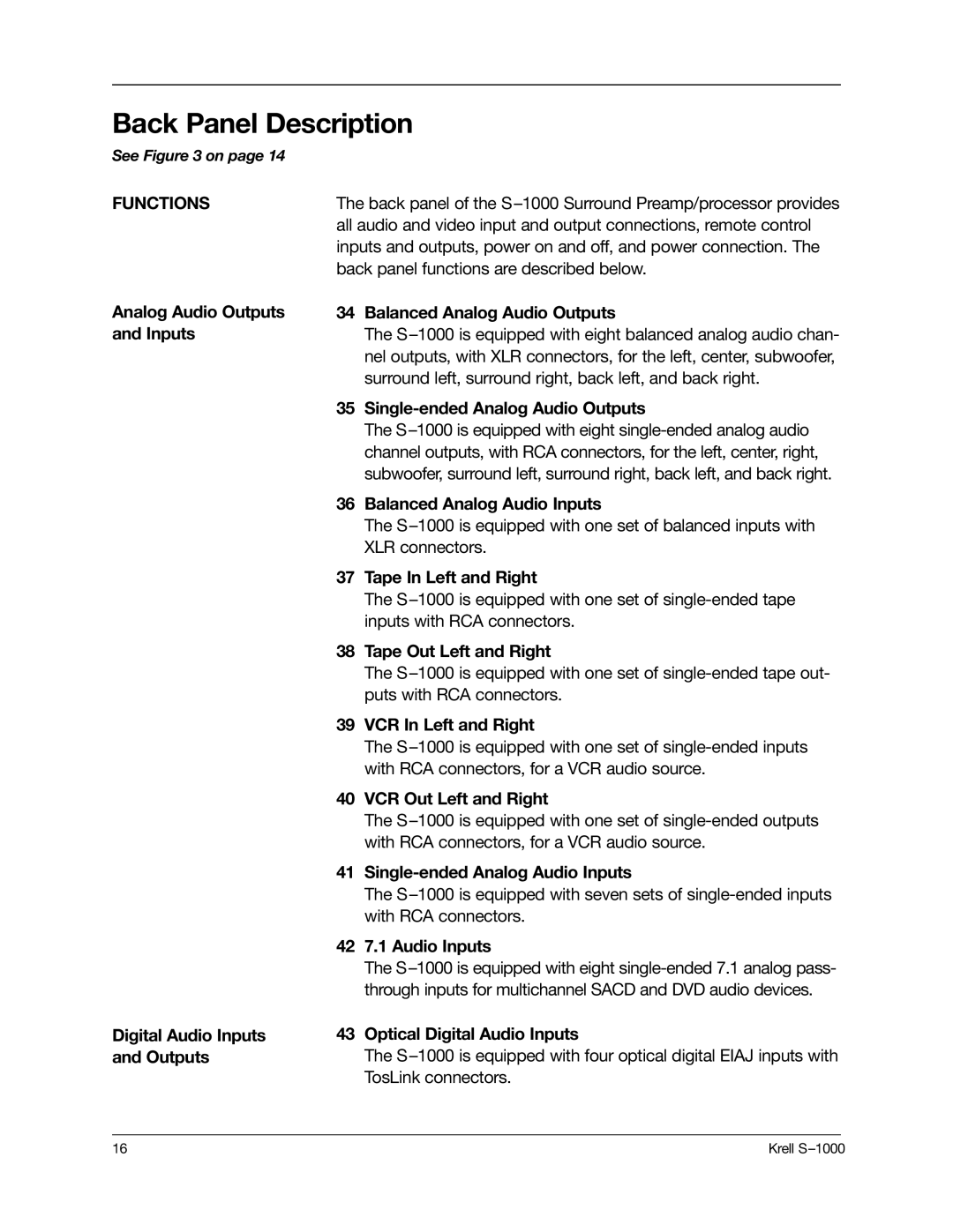 Krell Industries S-1000 manual Back Panel Description 