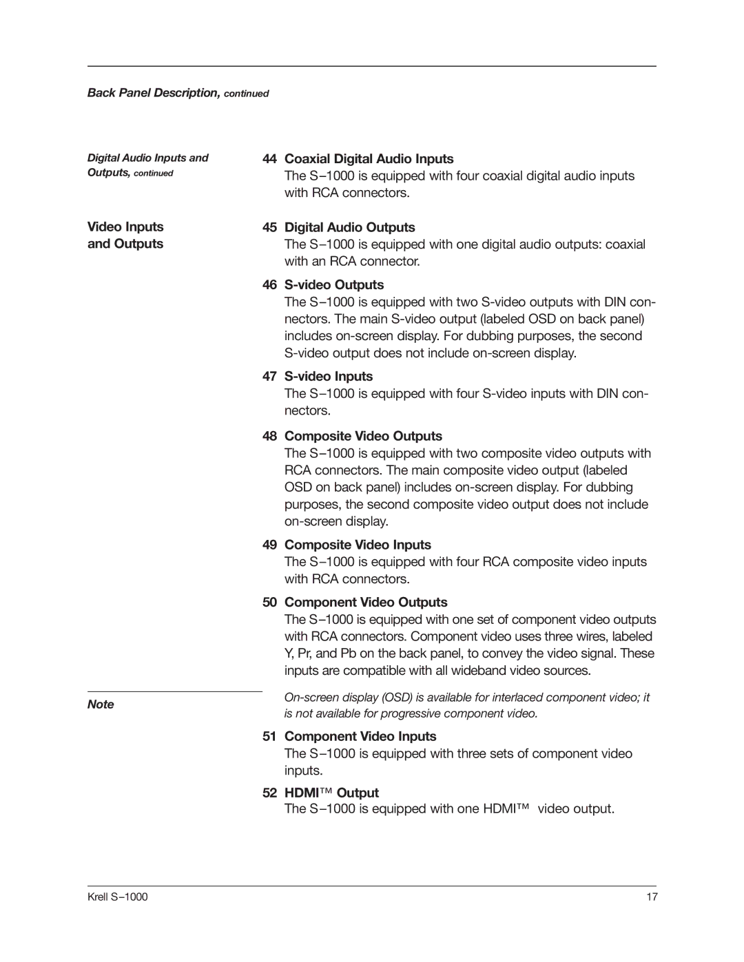 Krell Industries S-1000 manual Video Inputs Outputs Coaxial Digital Audio Inputs, Digital Audio Outputs, Video Outputs 